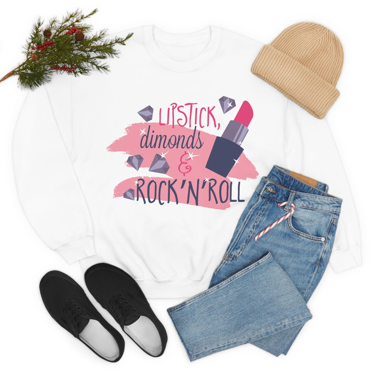 Lipstick-Diamonds and Rock & Roll Crewneck Sweatshirt