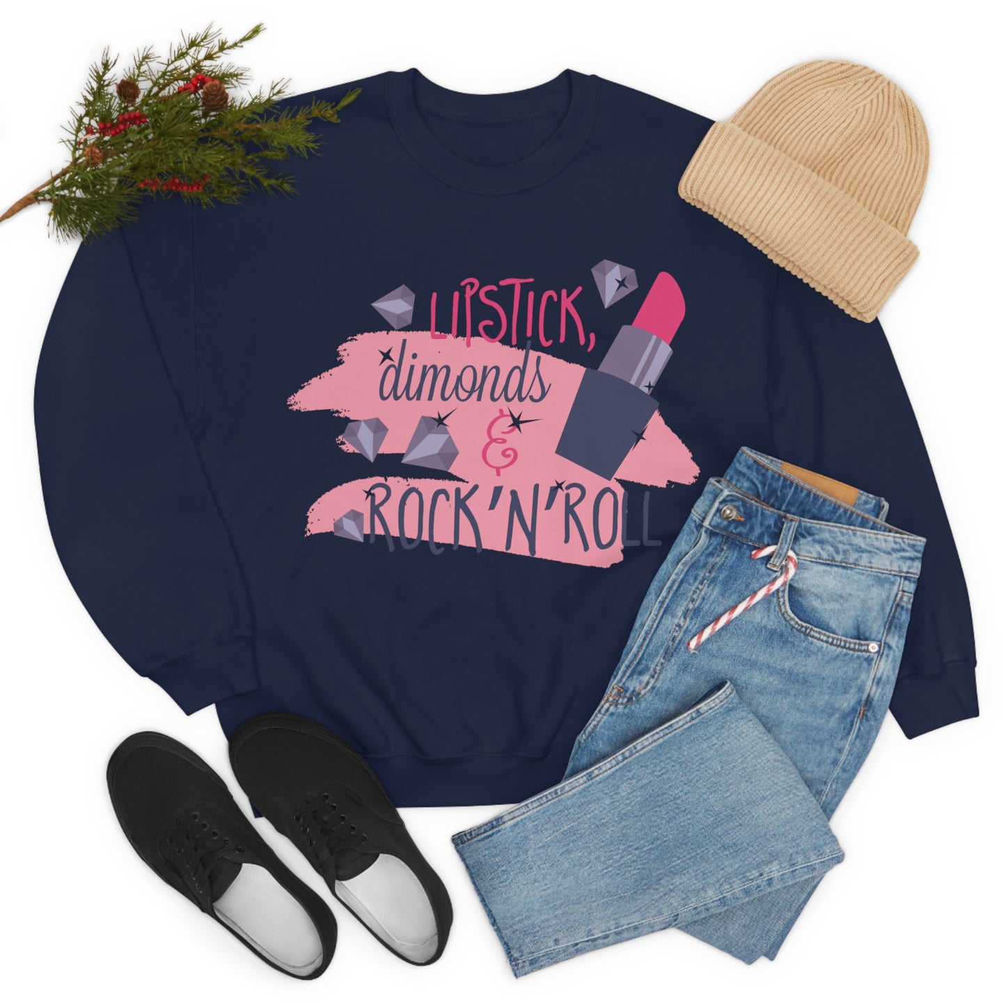 Lipstick-Diamonds and Rock & Roll Crewneck Sweatshirt