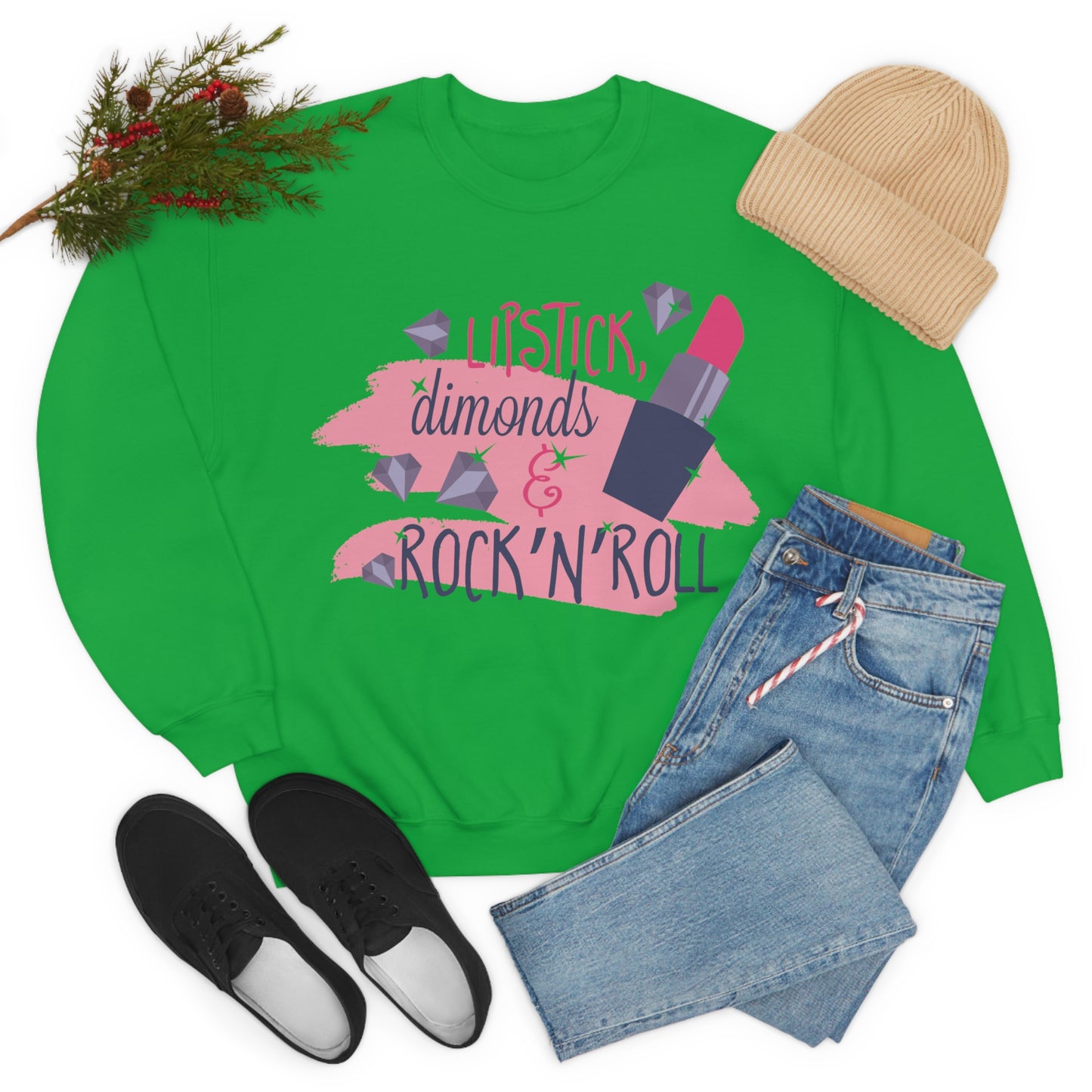 Lipstick-Diamonds and Rock & Roll Crewneck Sweatshirt