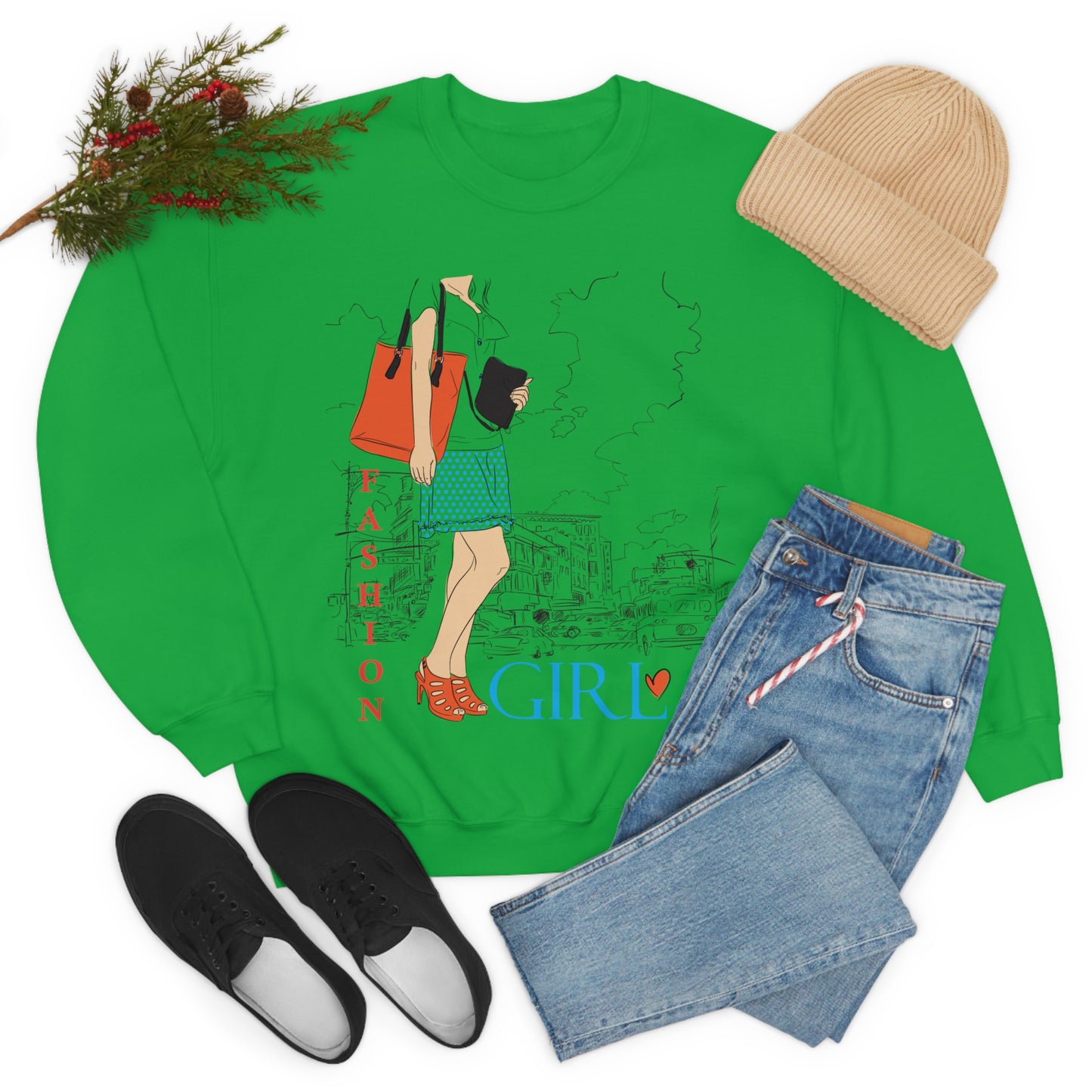 Fashion girl with a bag Crewneck Sweatshirt