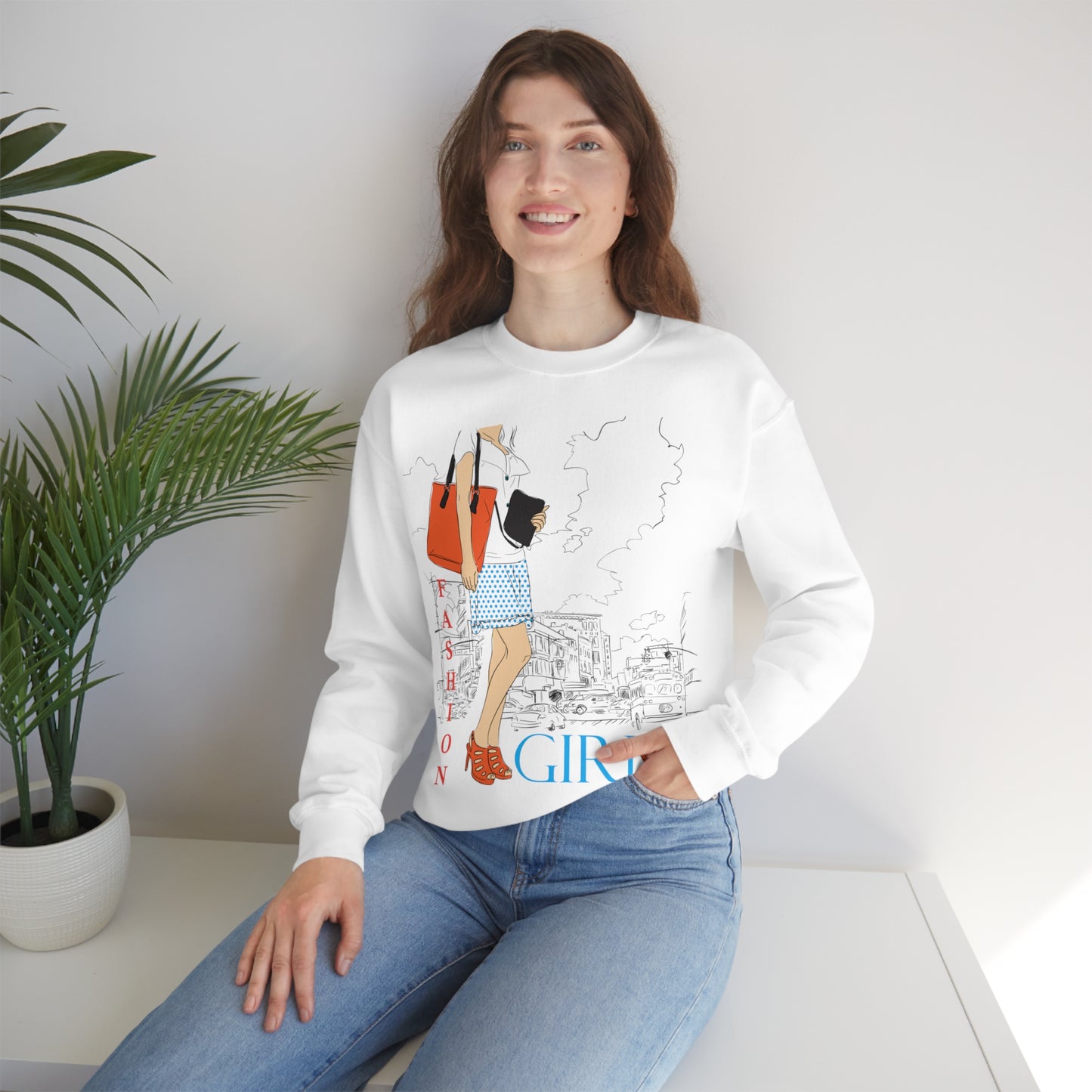 Fashion girl with a bag Crewneck Sweatshirt