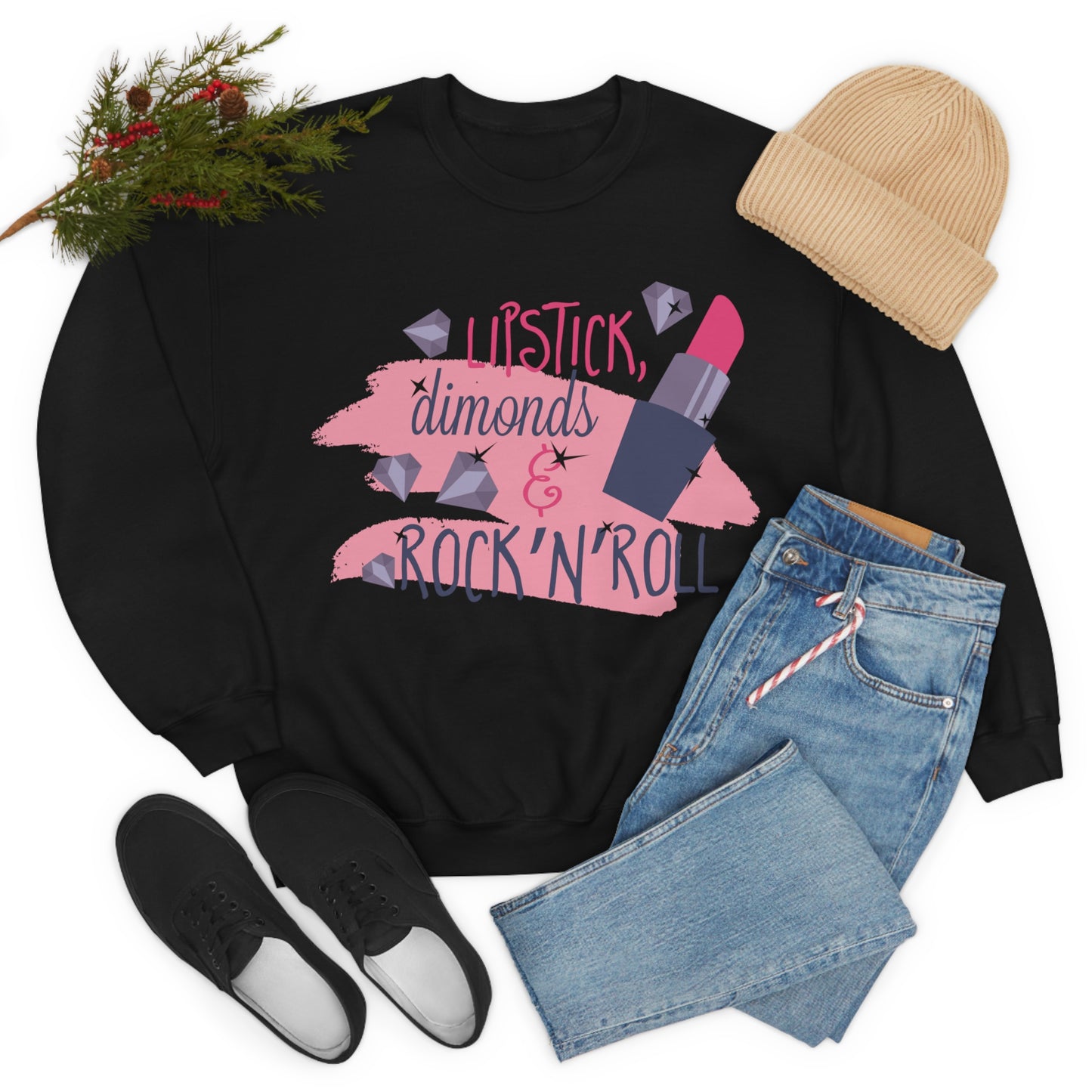 Lipstick-Diamonds and Rock & Roll Crewneck Sweatshirt