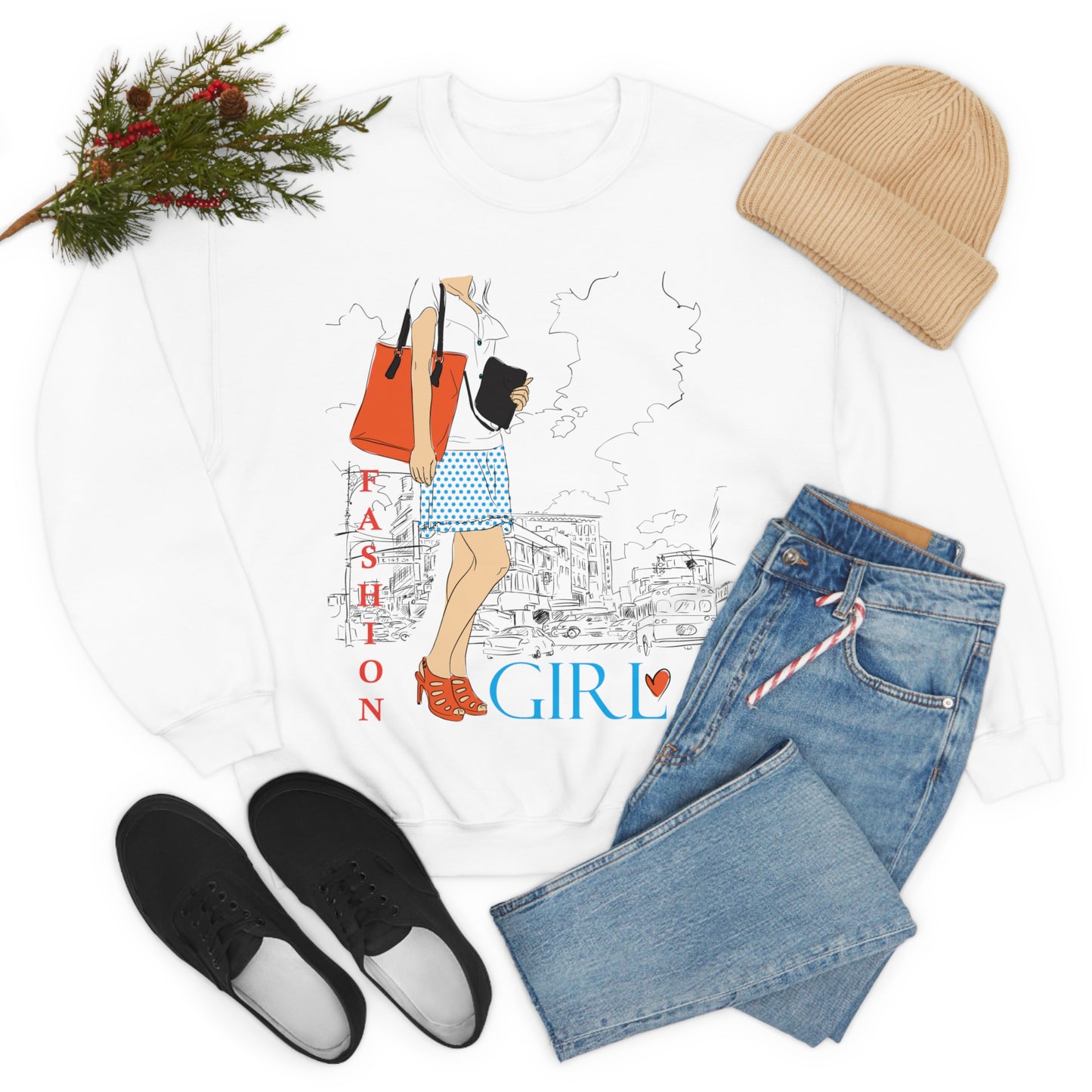 Fashion girl with a bag Crewneck Sweatshirt